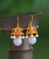 Pendientes colgantes de farol de palacio con ágata perlada de oro blanco antiguo de moda